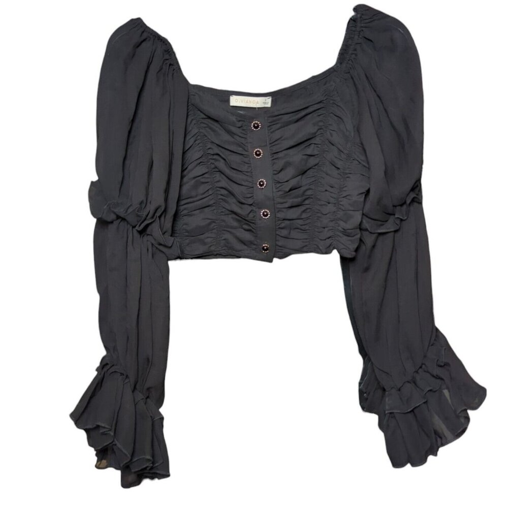 Womens Small Black Ruche Bodice Cropped Ruffle Sheer Gothic Fairy Retro festival